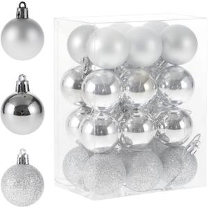 Silver 1.57" Christmas Ball OrnamentsPre-Strung Tree Decorations, Holiday Hanging Balls - 3 Style Shatterproof Plastic Ornaments Set of 24pcs (Silver, Small)