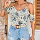 SweatyRocks Women's Floral Print Cold Shoulder Tops Ruffle Short Sleeve Summer Blouses Shirt (White, S)