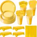 Disposable Plastic Dinnerware Set-484PCS Plastic Plates Set Includes 60 Of Each Dinner  Dessert Plates, Cups, traws, Spoons, Forks & Knives for Party (Yellow, 484PCS60 Guests)