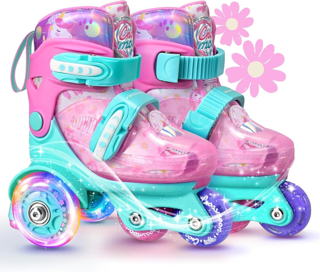 Unicorn Toddler Roller Skates, Kids Training Safety Tripple Protection Roller Skates with 4 Adjustable Sizes, Fun Light-Up Wheels, Little Girls' Fancy Gift (XS-Small(6.5C-9C US), Mint Whimsy)