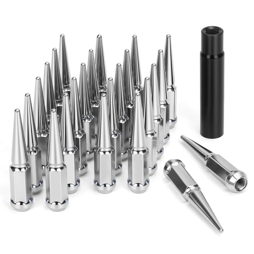 DYNOFIT 14 mm x 1.5 Wheel Spike Lug Nuts, 24 x Chrome M14x1.5 Lug Nut, Cone/Conical Bulge Seat, Silver Closed End Nuts with 1 Socket Key Compatible with Chevy Silverado 1500 Aftermarket Wheel