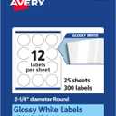 Avery Glossy White Round Labels, Sure Feed Technology, 2.25" Diameter, 300 Glossy White Labels, Print-to-The-Edge, Permanent Adhesive, Laser/Inkjet Printable