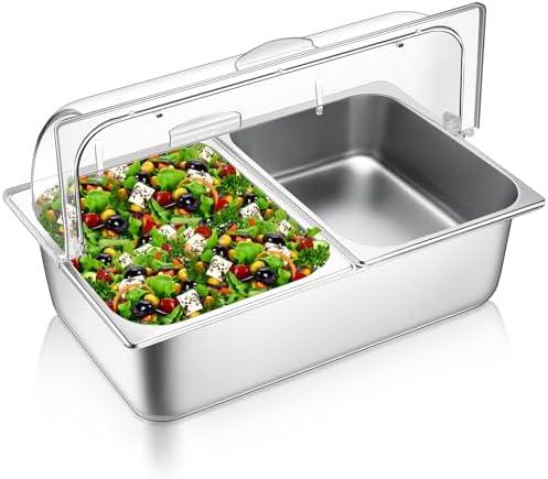 Ziliny Countertop Food Serving Display Container and Clear Roll Top Cover Stainless Steel Food Serving Tray Buffet Condiment Dispenser Display Rack for Restaurant Hotel Kitchen Party (2 Pan)