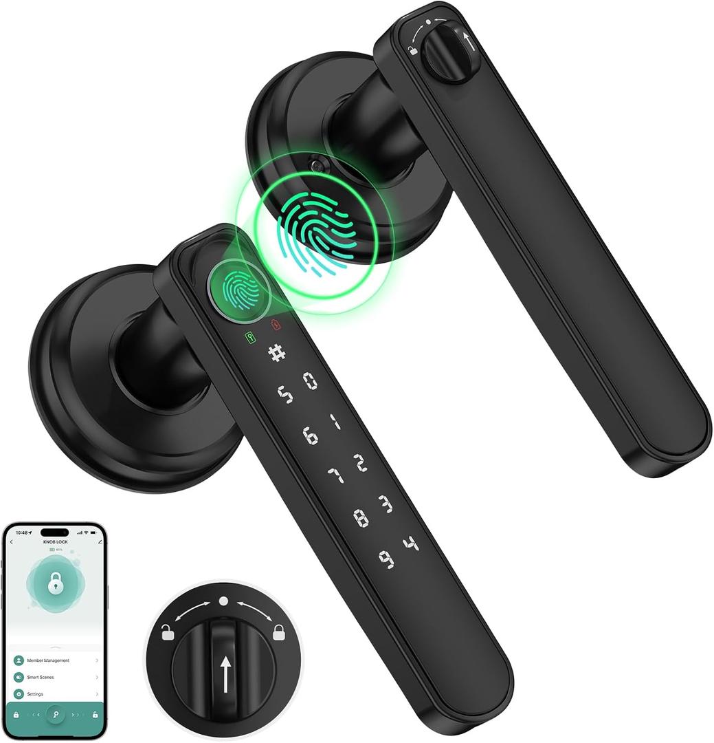 Fingerprint Door Lock, Smart Door knob, Biometric Door Lock, Bedroom Door knob with Code and App, Keypad Keyless Entry with Handle for Home Hotel Office Apartment (Black)