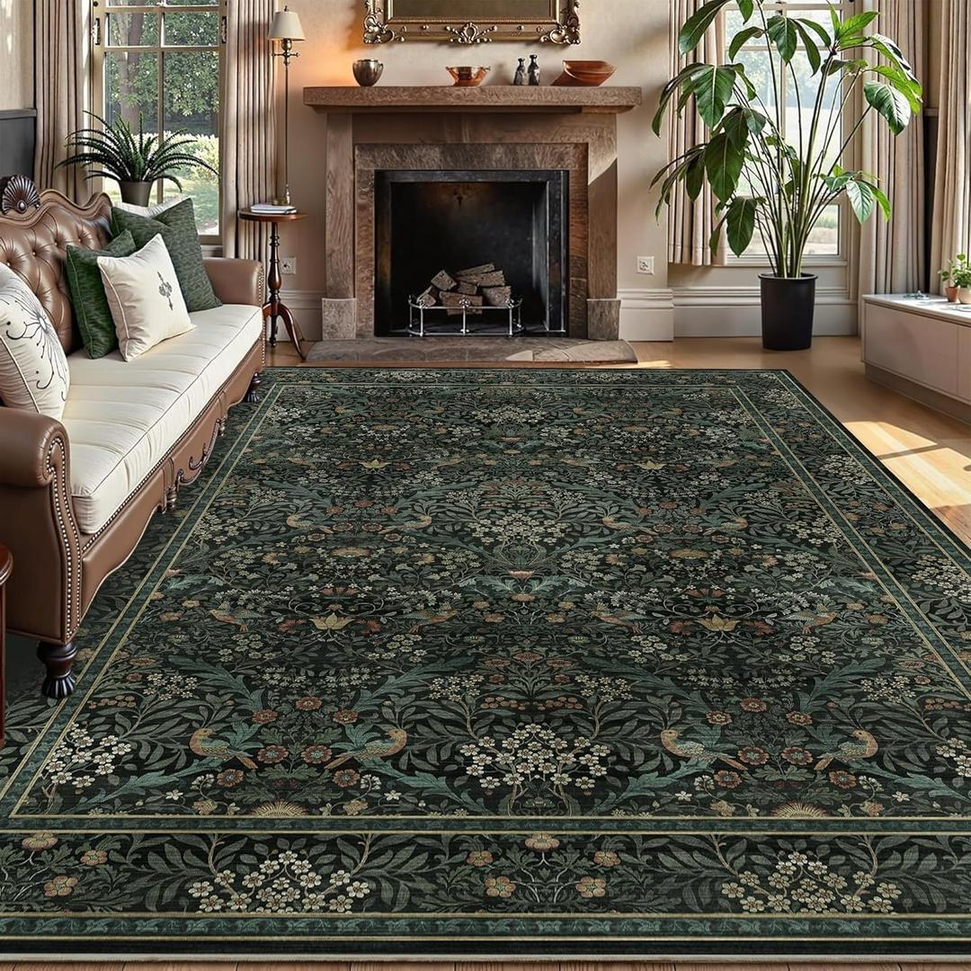 5x7 Floral Washable Area Rug for Living Room, Vintage Boho Large Rug for Bedroom Dining Room Distressed Botanical Birds Non Slip Low Pile Forest Animal Throw Carpet for Farmhouse Office, 5' x 7' (Rectangular), Dark Green