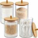 Glass Qtip Holder Dispenser, 10 oz Apothecary Jar with Bamboo Lid, 4 Pack | Cotton swab holders with bamboo lids; stores cotton balls, pads and floss picks for neat bathroom vanity organization.