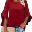 Womens Ruffle 3/4 Length Sleeve Tops 2025 Trendy Summer Dressy Casual Chiffon Blouses Loose Fit Work Shirts (Medium, Red)