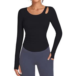 BMJL Womens Workout Tops Built in Bra Yoga Long Sleeve UPF 50+ Sun Shirts | Sun protection,belly ruched, shoulder cutout, lightweight breathable stretch fabric, athletic fitness gym clothes (Black, XS)