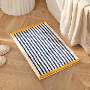 GIB Bathroom Rugs Mat 24" x 16", Extra Soft Absorbent Plush Fluffy Bath Rugs, Non-Slip Washable Bath Mats for Bathroom Floor Shower Home Decor Accessories, Blue & White Striped with Yellow Accents