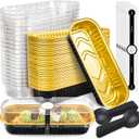 50 Pack Mini Cake Pans with Lids and Spoons Gold Rectangular Aluminum Foil Baking Pans Mini Cheesecake Containers(6.8oz) (Glod)