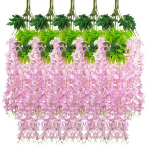 24 Pack Pink Wisteria Hanging Flowers Garland, 3.77 Feet Artificial Flower Vines, Fake Wisteria, Artificial Vines Hanging Garland for Backdrop Outdoor Yard Garden Decor
