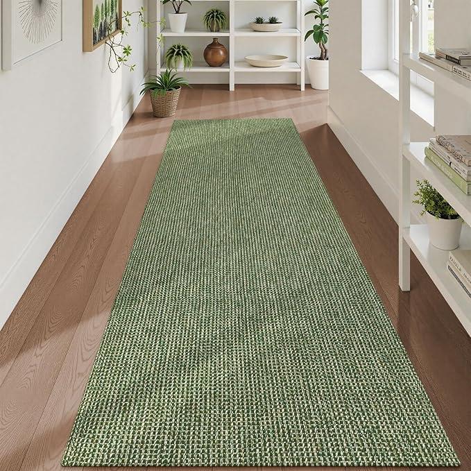 Uphome Kitchen Runner Rug, 2'6x8 Washable Boho Rug Runners for Hallways Non Slip, Low Pile Woven Cotton Modern Carpet Runners, Stain Resistant Bedroom Runner Rug for Hallway Entryway Entrance, Green