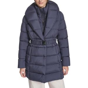 Kenneth Cole New York Women's Pillow Collared Fashion Puffer With an Inner Bib Removeable Buckle (Blue, XL)