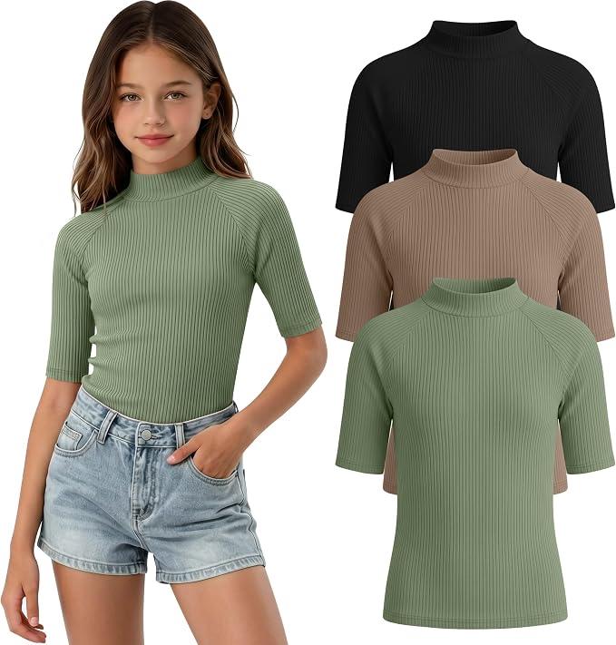 3 Pack Girls' Shirts Teen Summer Tops Mock Turtleneck Slim Fit Ribbed Half Sleeve Fashion Tees Kids Clothes Trendy 11-12Y