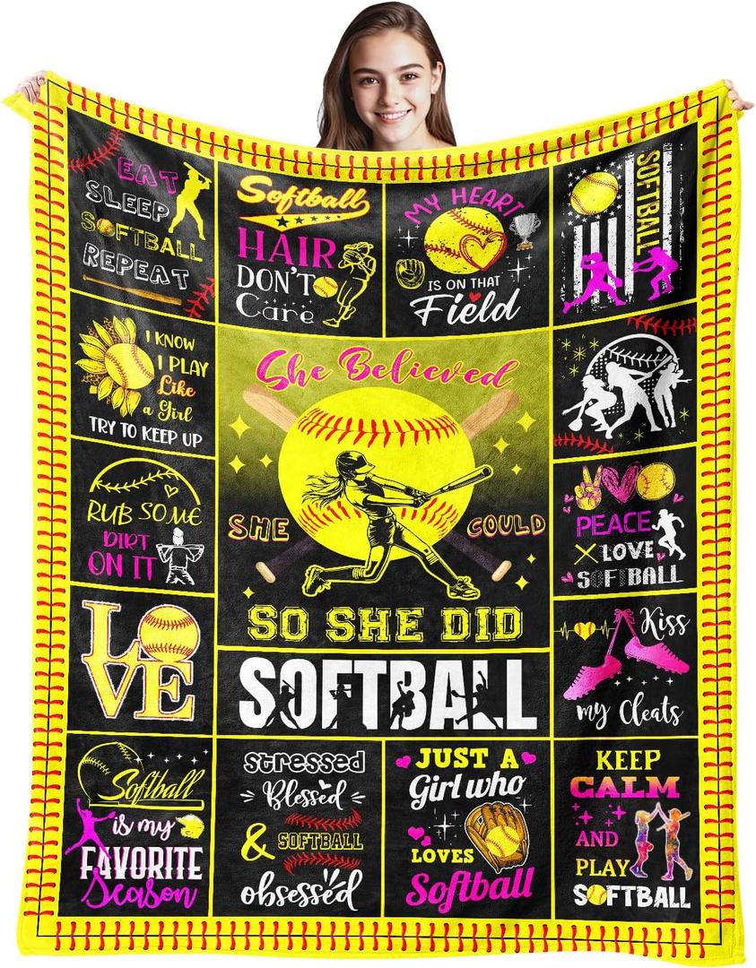 Softball Blanket Gift for Girls, Softball Accessories Party Decorations Bedroom Decor Soft Flannel Throw Blanket 50"x40"