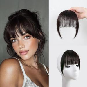 Clip in Bangs 100% Real Human Hair Extensions Invisible Fake Curtain Curved French Fringe Bang with Temples Faux Natural Clips on Hairpieces for Women Girls Party Daily Use Black Brown
