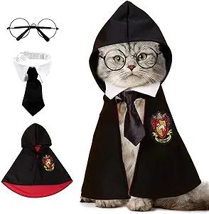 NIULA Cat Halloween Costume - Pet Wizard Costumes Mantle Magician Cosplay Clothes with Bowtie & Glasses Set, Festival Party Apparel for Small Pets Cats Dogs Medium