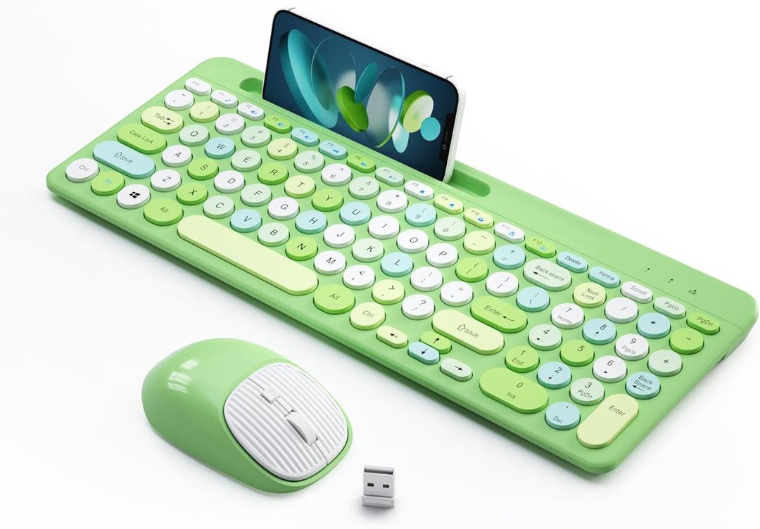 Retro Wireless Keyboard and Mouse Combo, Full-Size USB Keyboard with Round Keycaps, 2.4GHz Wireless for Desktop, Laptop and Computer (Green-Colorful)