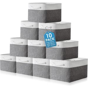 FoldTier 10 Pack Large Collapsible Fabric Storage Baskets with Handles Decorative Storage Bins for Organizing Shelves Toys Clothes(White & Gray,16 x 12 x 10 Inches)
