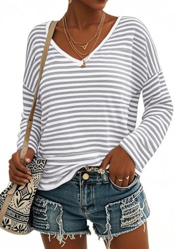 LilyCoco Womens Striped Shirt V Neck Casual Long Sleeve T Shirts Grey, X-Large