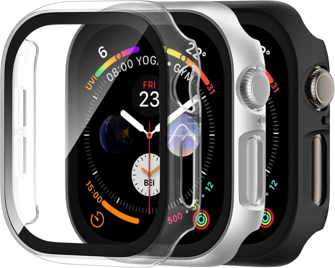 Adorve 3 Pack Tempered Glass Case for Apple Watch Series 10 Screen Protector 46mm, Hard PC Face Cover Overall Protection Anti-Scratch Bumper Cases for iWatch 46mm Accessories, Black/Clear/Silver