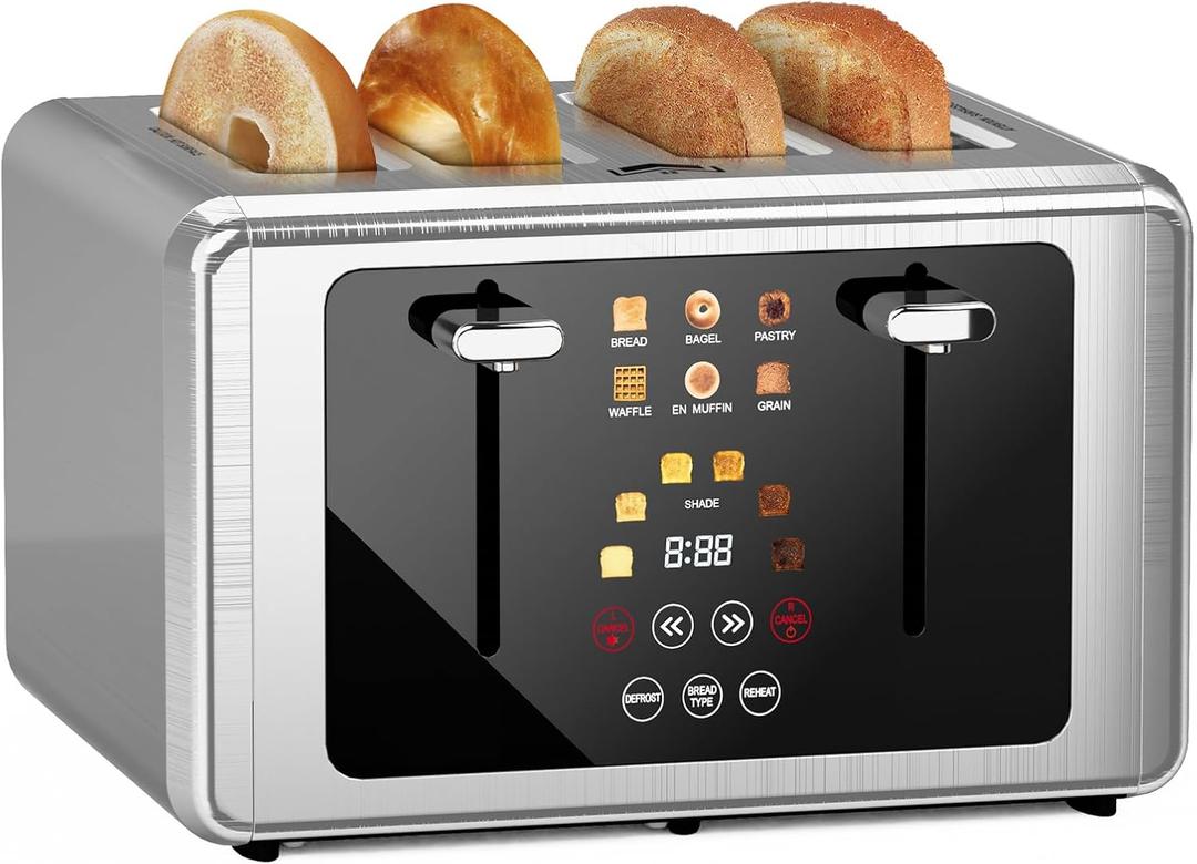 4 Slice Toaster, Touchscreen & Dual Independent Control Panel5 Basic Functions & Digital Countdown Toasters, 6 Shade Settings6 Bread Types, Smart Bread Maker Mute/Screen-Off,Stainless steel