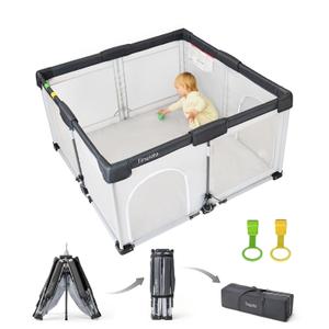 Tinyiota Foldable Baby Playpen, 50x50 Inch Portable Play Yard for Babies and Toddlers with Soft Breathable Mesh, Storage Bag & 2 Pull-Toy Handles for Indoor & Outdoor (Grey, 50x50)