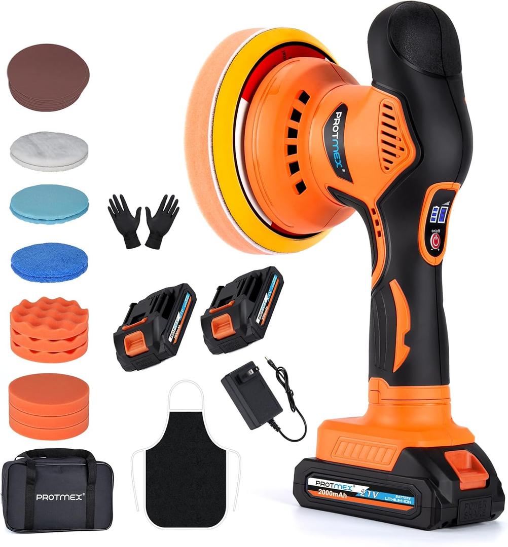 Cordless Car Buffer Polisher w/ 2x2000mAh 21V Batteries, 6 Inch Car buffer Waxer Kit, Car Polishing Machine w/ Extra 18 PCS Attachments & 6 Variable Speed, Car Buffer Polisher for Car Detailing (Orange)