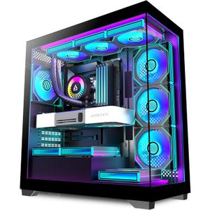 PC CASE 7 PWM ARGB Fans Pre-Installed, Mid-Tower Gaming PC Case, Panoramic Tempered Glass Computer Case with Type-C,360mm Radiator Support,Black,C9