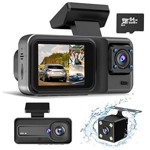 4K 3 Channel Dash Cam with 64GB Card, 4K+1080P+1440P Dash Cam Front and Rear Inside, Dash Camera for Cars with Super Night Vision, 24H Parking Mode, Loop Recording, Motion Detection
