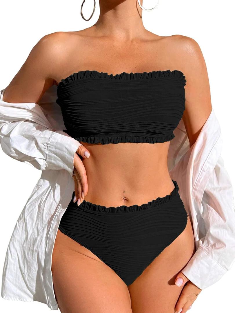ZAFUL Women Strapless Bandeau Bikini Shell 2 Piece Swimwear Cheeky Solid Lace up Pom Bathing Suits (Small, 9-black)