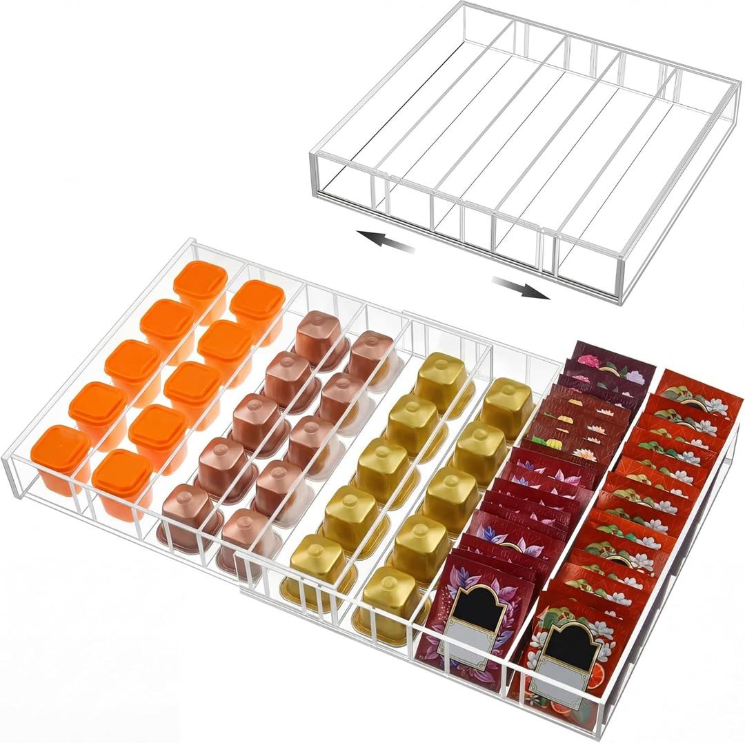 Briwooody Expandable Acrylic Coffee Pod Holder Holds 35 to 70 Capsules or 105 Tea Bags, Compatible with Capsules Coffee Pod Tea Organizer Drawer Organizer 10 Adjustable Compartment
