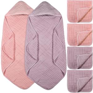 VitalCozy 6 Pcs Baby Muslin Hooded Bath Towels and Washcloths Muslin Cotton Hooded Baby Towels Absorbent Blankets for Gift Newborn Infant Shower (32 x 32 Inch,Pink,Rose)