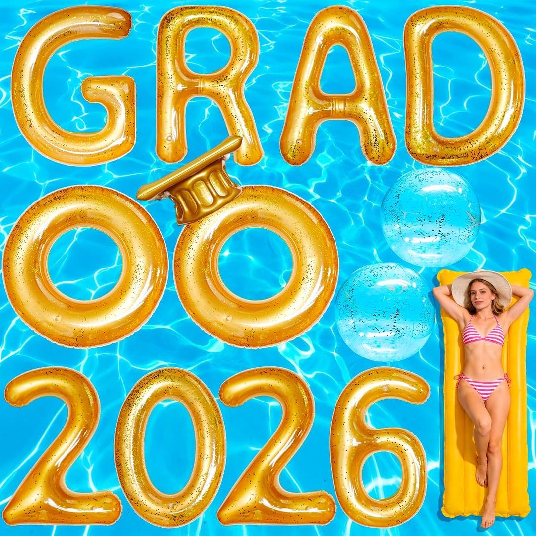 Piemow 2026 Pool Graduation Decorations - 14 Pcs Glitter Inflatable Float Letters & Beach Balls, Adult Grad Party Supplies for Class of 2026 Swimming Pool Celebrations