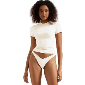 SUUKSESS Women Double Lined Fitted Basic Tee Crew Neck Short Sleeve Y2K Crop Top S