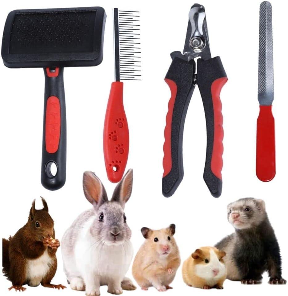 Rabbit Professional Nail Clippers Grooming Kit with Pet Shedding Slicker Brush, Pet Grooming Comb, Nail Clipper Trimmer for Rabbit, Puppy, Kitten, Guinea Pig, Hamster, Ferret (4PCS)