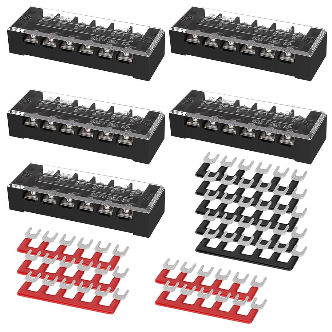 Screw Terminal Block, 25A Covered 6 Position Dual Row, 6 Position Pre-Insulated Terminal Barrier Strips (5PCS 25A 6P+10PCS Wiring Strips)