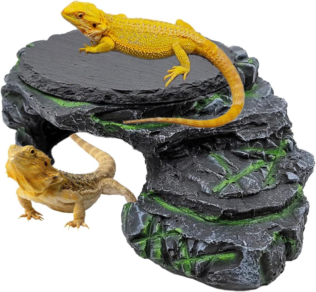 JWIZYOTR Bearded Dragon Basking Platform, Turtle Basking Platform Decorative Reptile Hideout with Rock Slate Plate in Terrarium for Lizard, Leopard, Crested Gecko (Large-Green)