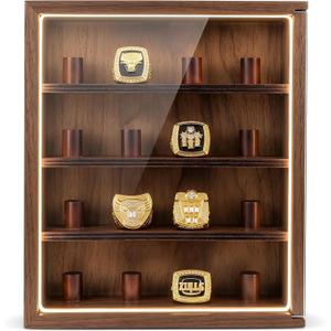 Championship Ring Display Case with LED Light, 16 Ring Posts Baseball Ring Display Case Basketball Ring Display Case (Brown)