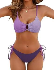 Blooming Jelly Womens Sexy 2 Piece Bikini Sets Cheeky High Cut Bathing Suit Color Block Textured U-Wire Swimsuits 2026, Small