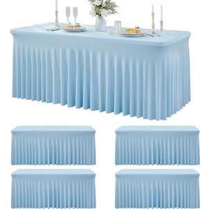 3 Pack Spandex Baby Blue Tablecloths for 6 Foot Rectangle Tables, Wrinkle Free Fitted Table Cloth 6ft Stretchy Tablecover Skirt for Parties Weddings Birthday Banquet Baby Shower