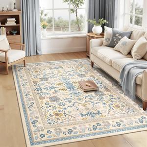 5x7 Area Rugs for Living Room Cloud Like Soft Washable Rugs for Bedroom Morris Floral Rug Non Slip Waterproof Carpet for Dining Room Nursery Beige Living Room Carpet
