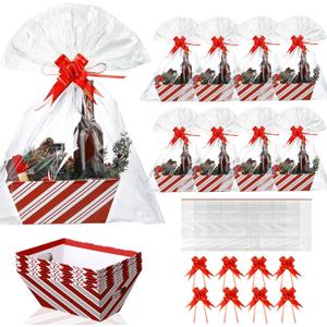 Kolldenn 24 Pcs Christmas Empty Gift Basket Bulk to Fill for DIY 8" x 10" Candy Cane Striped Gift Basket Kit with Handles 8 Cardboard Tray 8 Bags and 8 Bows for Xmas Wedding Birthdays Party Wrapping (Red)