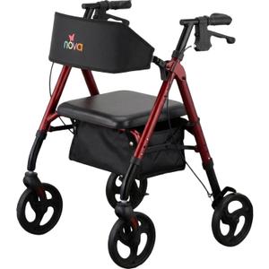 NOVA Star 8 Petite Foldable Rollator Walker - Lightweight 18 lb Aluminum Frame, 8” Wheels, Adjustable Height, Padded Seat & Backrest, for Petite Adults (4’10” - 5’4”), 300 lb Capacity, Red