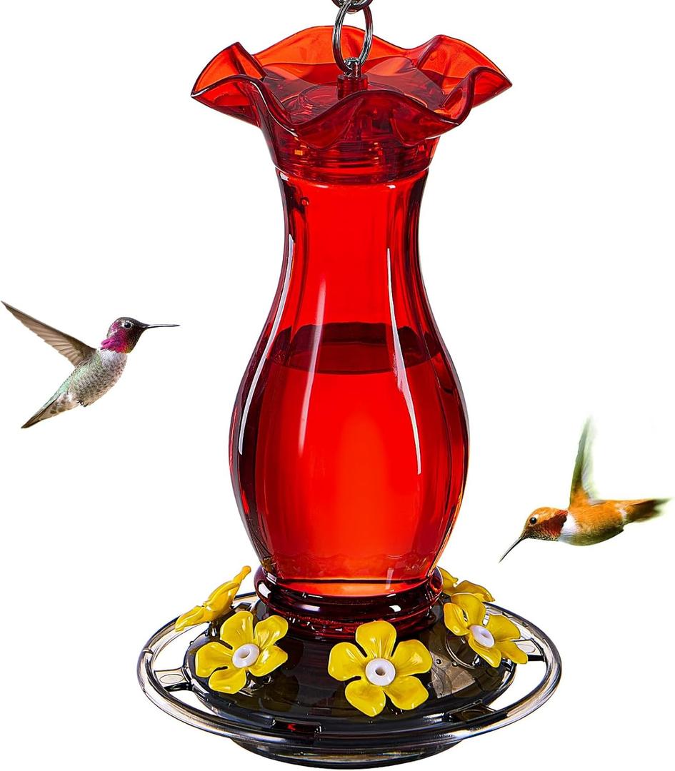 Jealoeur Hummingbird Feeder for Outdoors Hanging, 18 OZ Humming Birds Feeders with 6 Bee Guard Feeding Ports & Built-in Ant Moat, Easy to Clean, Durable Outdoor Garden Decor (Red 1 Pack-C)
