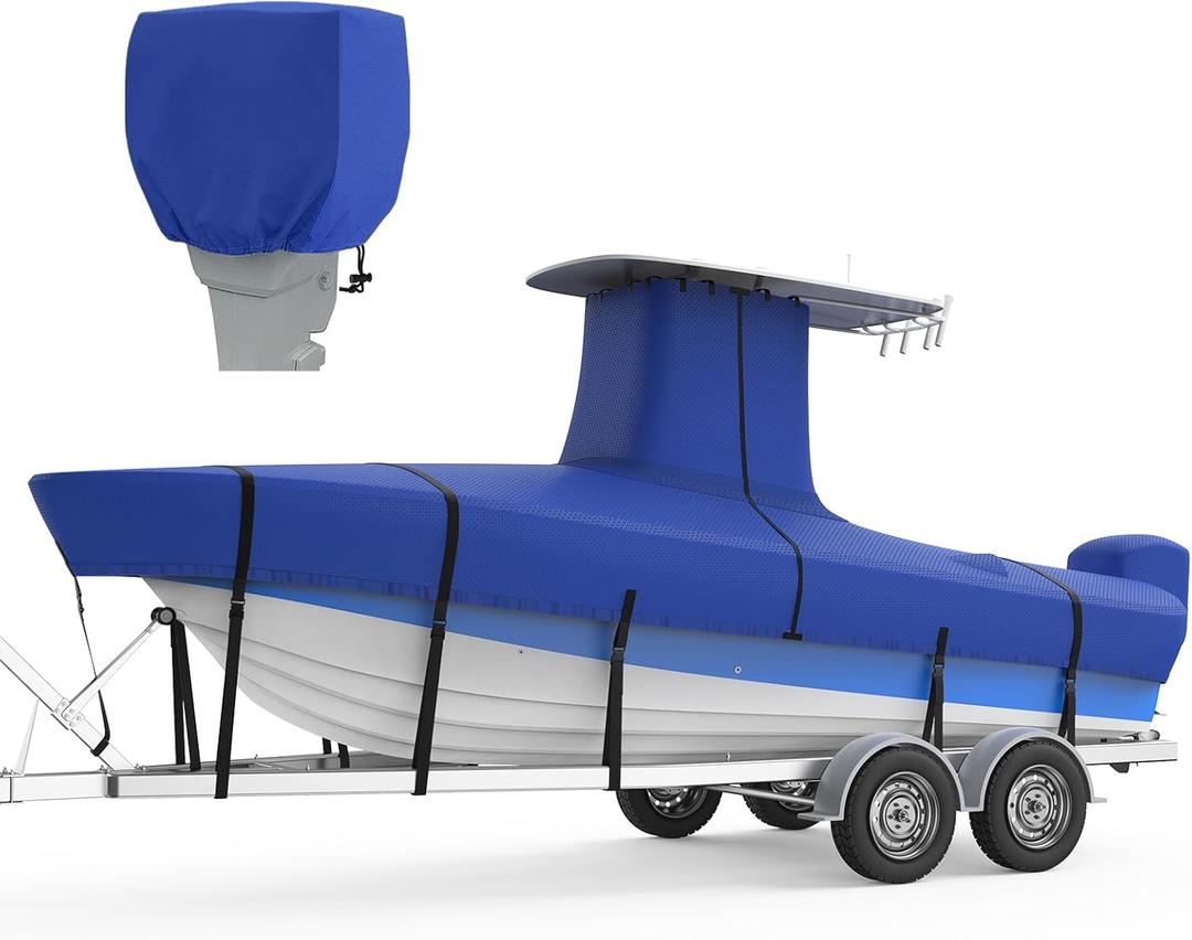 RVMasking Upgraded 1200D T-Top Boat Cover 100% Waterproof Heavy Duty Tear-Resistant Polyester with Motor Cover for Center Console Boat with T TOP Roof, 22'-24' Long Beam Width up to 116", Blue