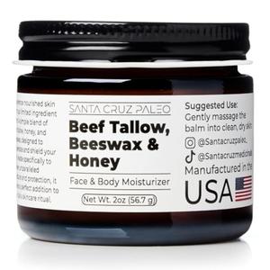 Santa Cruz Paleo, Beef Tallow, Beeswax & Honey Face Moisturizer, Organic, Unscented Grassfed Beef Tallow Skin Care, Sunscreen Free, Non Comedogenic Face & Body Moisturizer for Sensitive Skin, 2 Oz