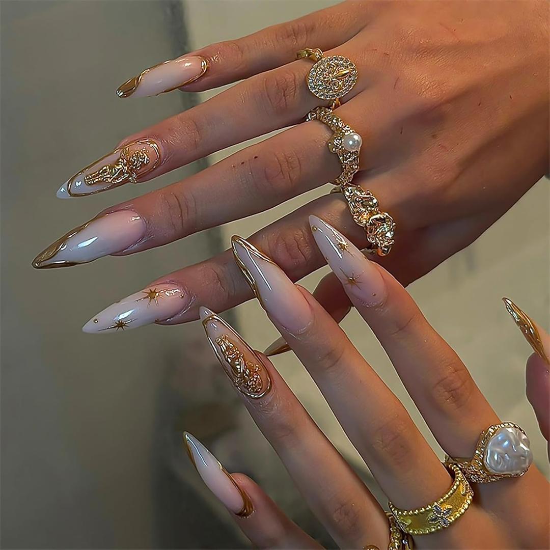 RUOKEXIN Long Stiletto Press on Nails French Tip Fake Nails White Ombre False Nails with Gold 3D Flower Designs Almond Nail Press ons Fall Sparkly Acrylic Artificial Nails for Women 24Pcs