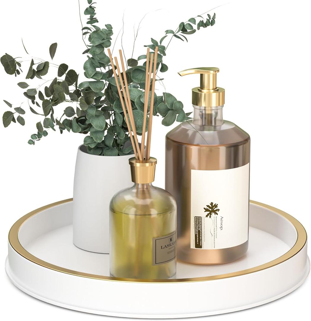 10" Small Gold and White Tray, Lightweight Metal Round Vanity Tray for Bathroom, Candle Holder for Living Room Decor, White Brushed Gold 