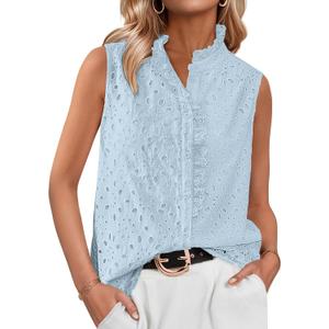 BTFBM Womens Sleeveless Button Down Shirts Ruffle V Neck Casual Hollow Out Eyelet Tops Boho Spring Vacation Blouse 2026 (Blue, L)